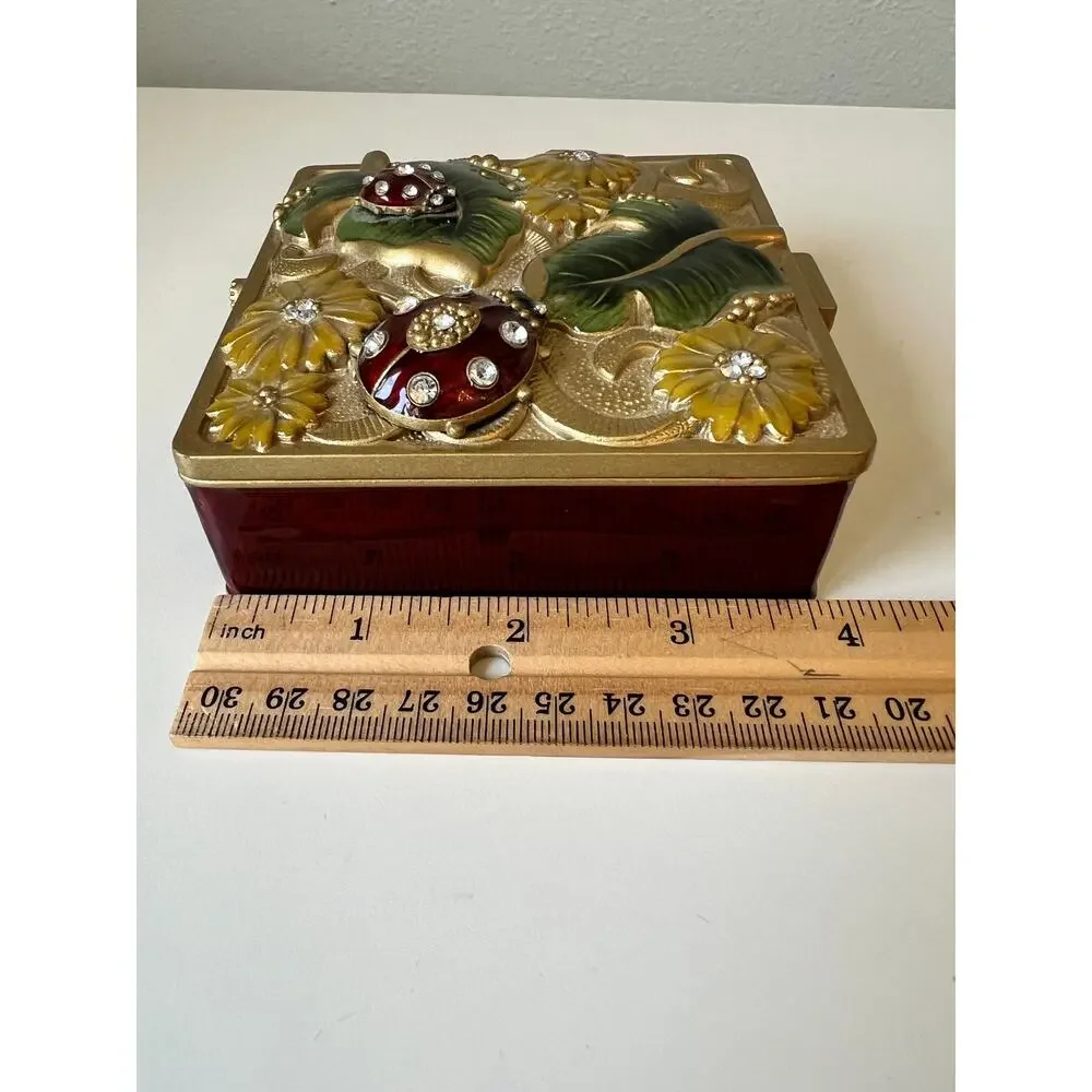 Goldtone Ladybug Bejeweled Trinket Box /Jewelry Box 4”X4” 3D Ladybugs & Leaves